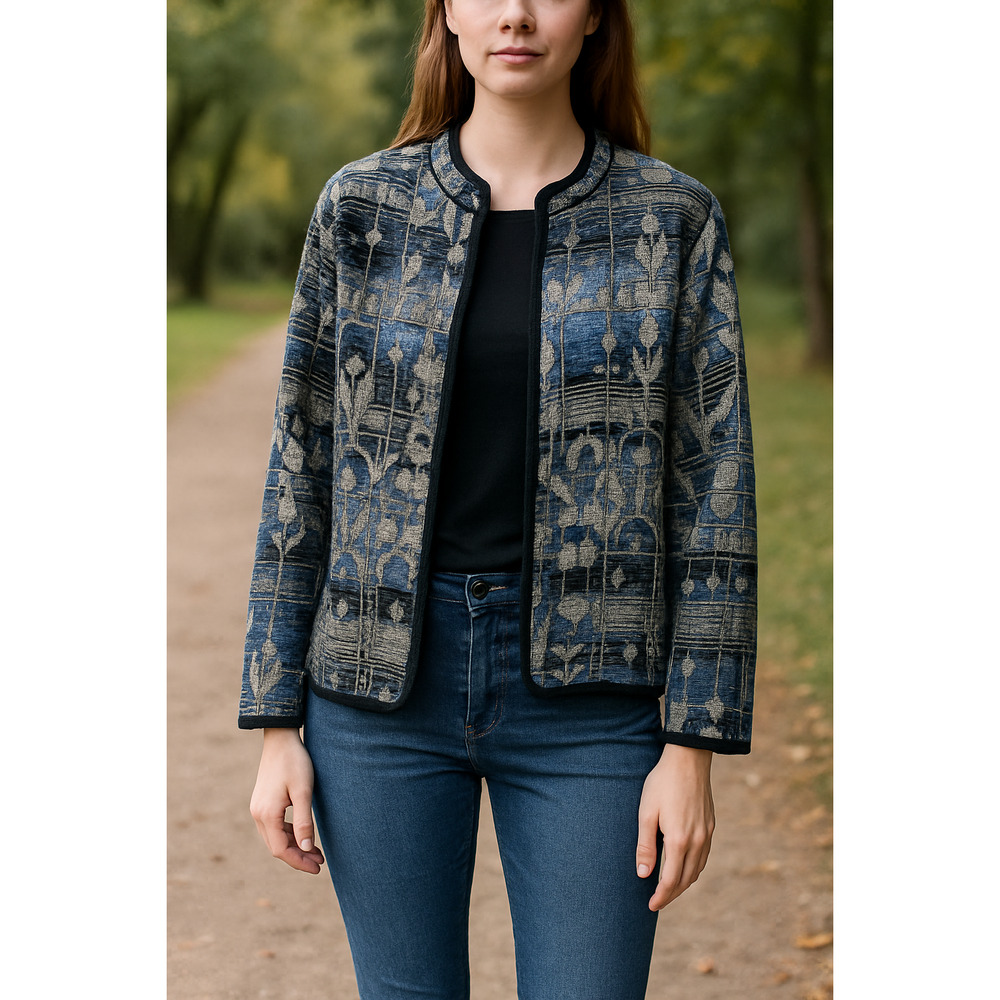 Karen Hart blue fluer de lis pattern jacket size L